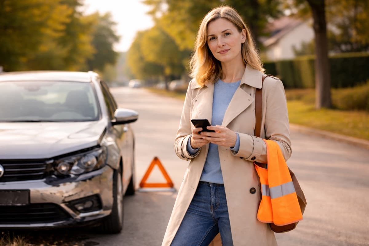 Frau steht nach einem Unfall neben ihrem beschädigten Auto und organisiert die nächsten Schritte per Smartphone