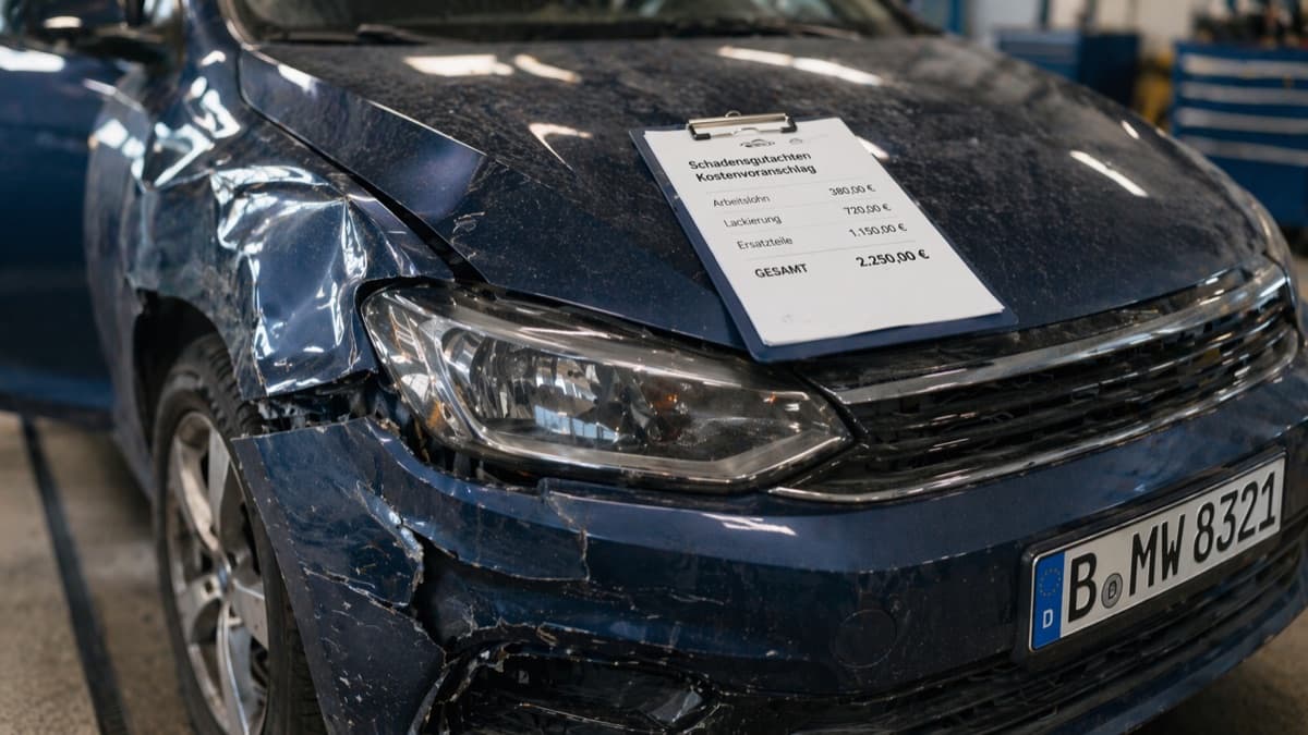 Beschädigtes Fahrzeug in einer Gutachter-Werkstatt mit Kostenvoranschlag auf der Motorhaube