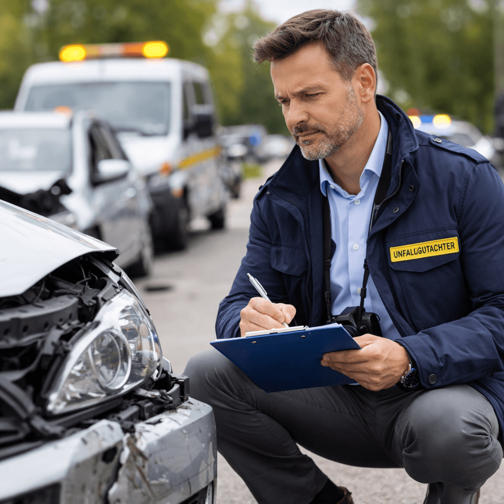 Unfallgutachter begutachtet Fahrzeugschaden in Hamburg